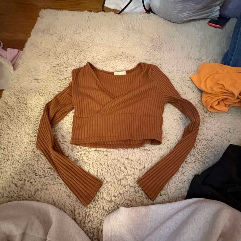 Brown Ribbed Long Sleeve Crop Top